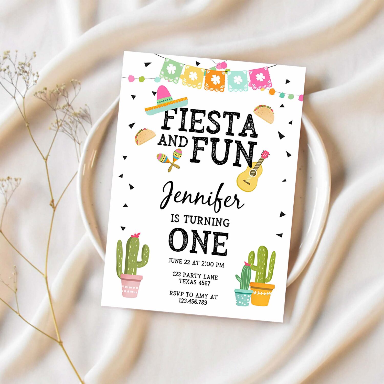 Editable fiesta and fun birthday invitation first fiesta cactus sombrero girl instant download printable invitation template corjl 0161 1