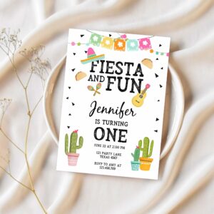 Editable fiesta and fun birthday invitation first fiesta cactus sombrero girl instant download printable invitation template corjl 0161 1
