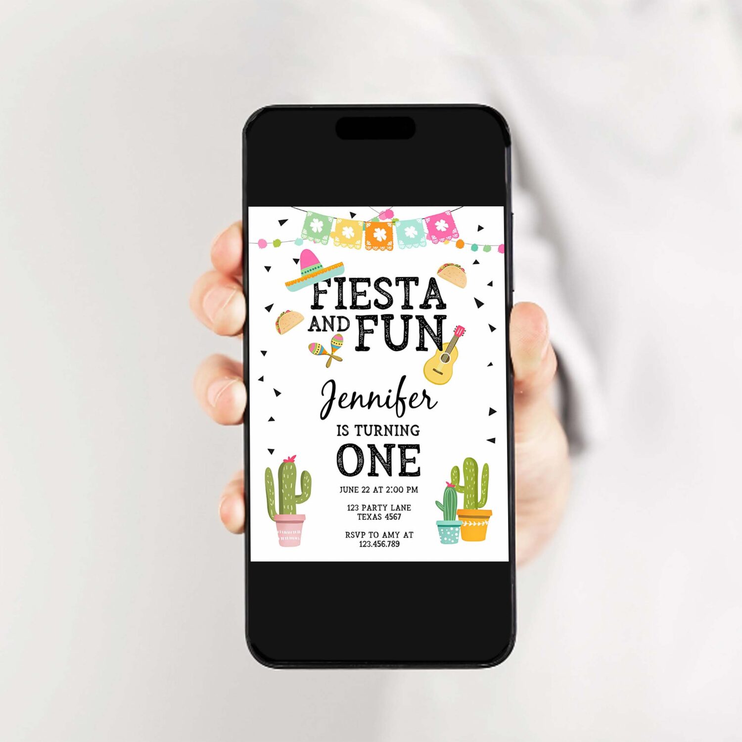 Editable fiesta and fun birthday invitation first fiesta cactus sombrero girl instant download printable invitation template corjl 0161 2