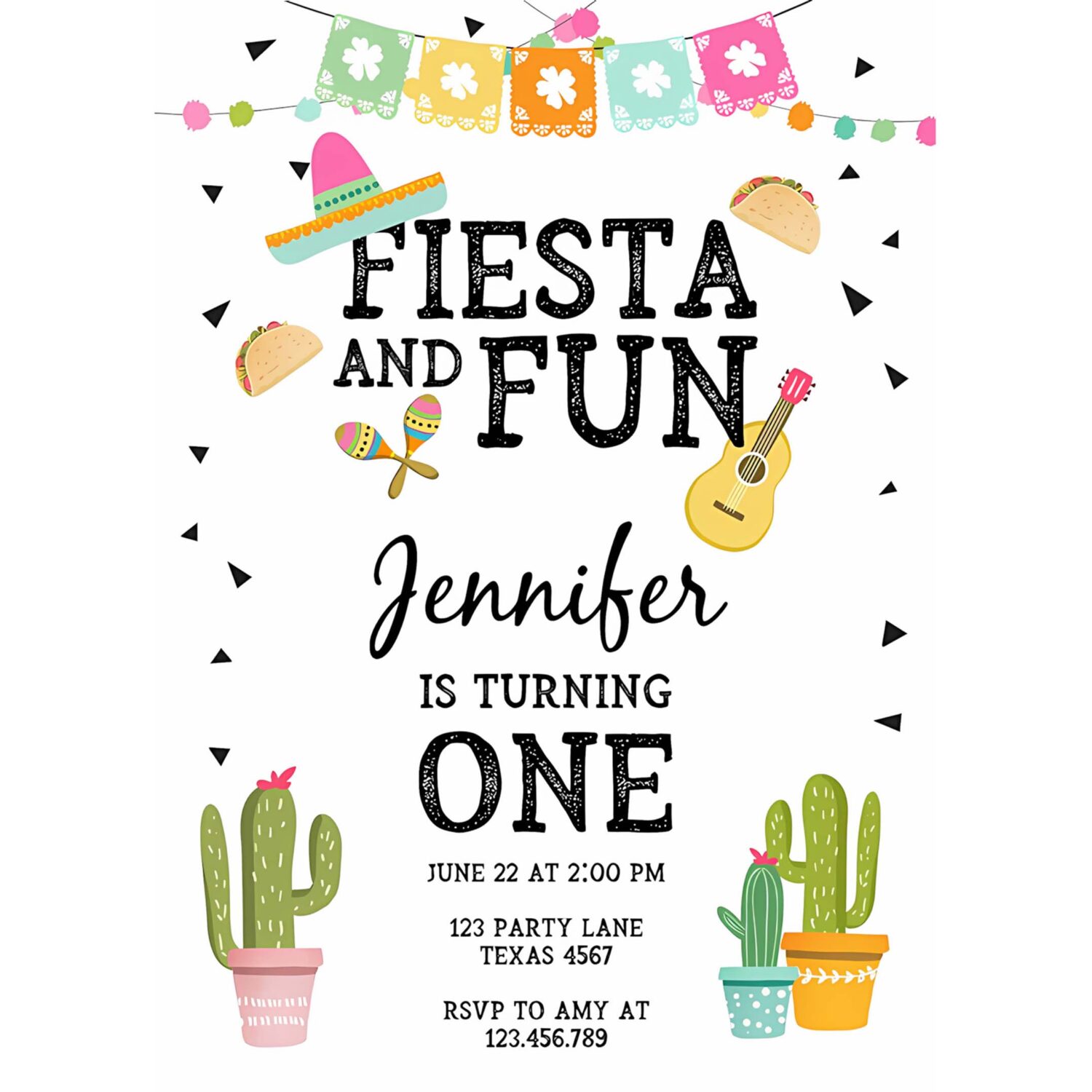 Editable fiesta and fun birthday invitation first fiesta cactus sombrero girl instant download printable invitation template corjl 0161 4