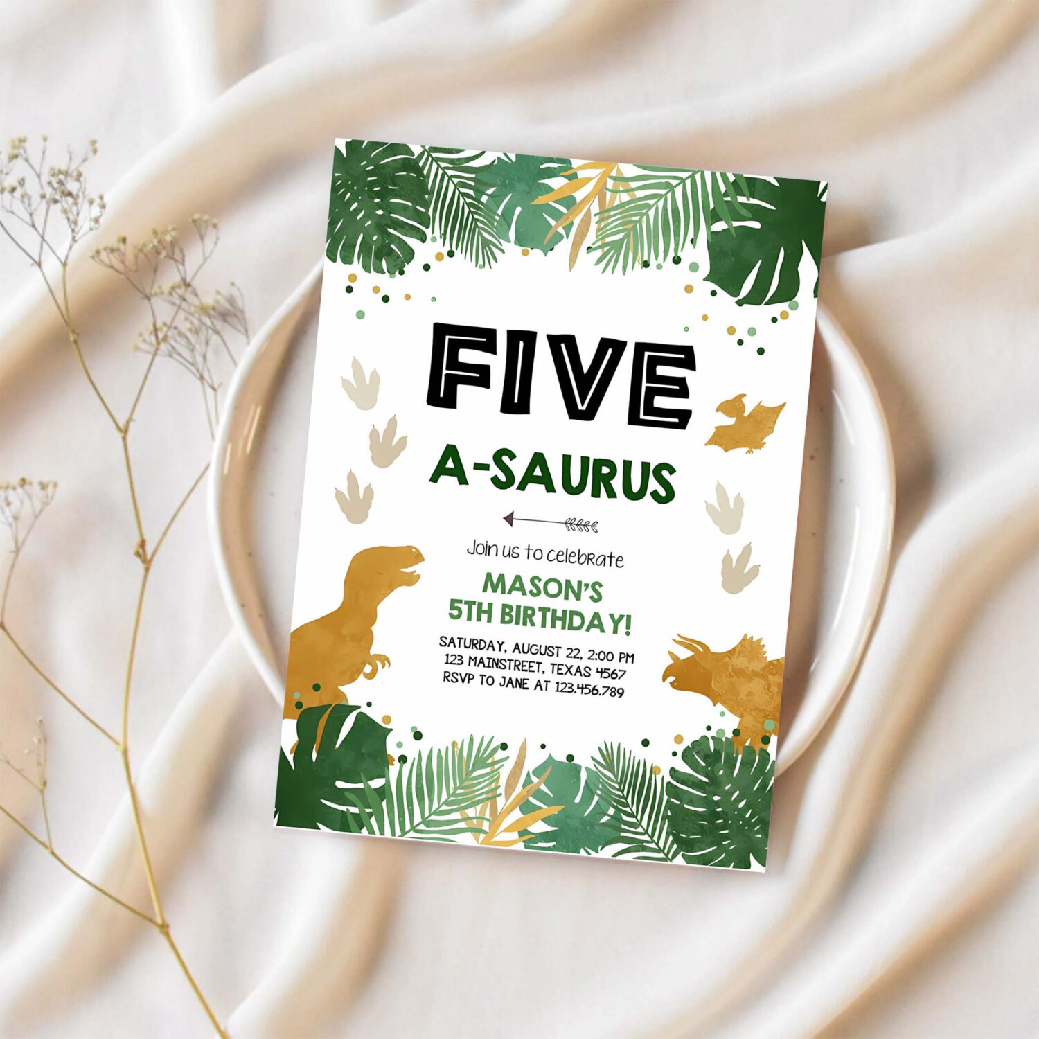 Editable five a saurus birthday invitation any age dinosaur dino party boy 5th fifth birthday green gold corjl template printable 0146 1