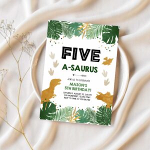 Editable five a saurus birthday invitation any age dinosaur dino party boy 5th fifth birthday green gold corjl template printable 0146 1