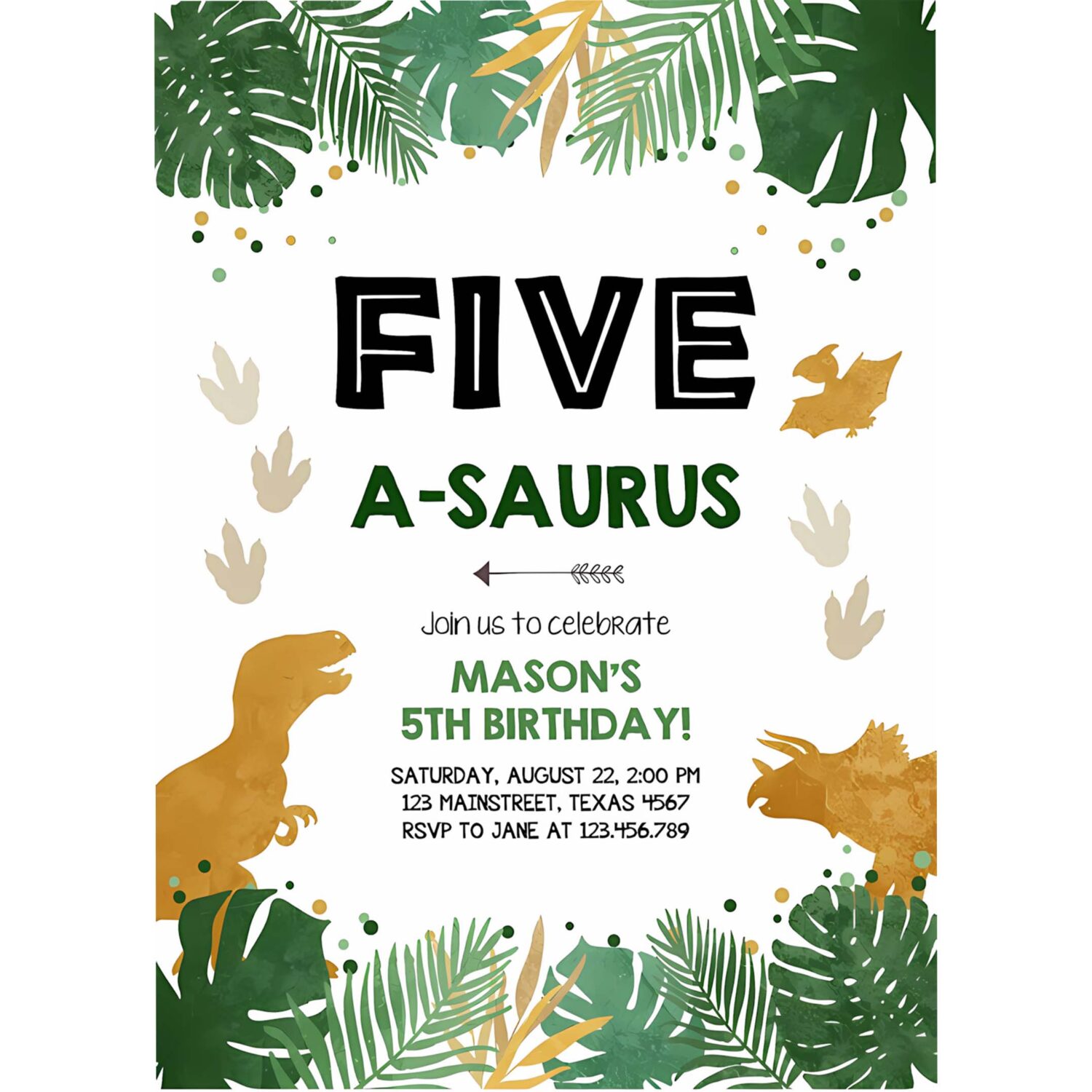 Editable five a saurus birthday invitation any age dinosaur dino party boy 5th fifth birthday green gold corjl template printable 0146 4