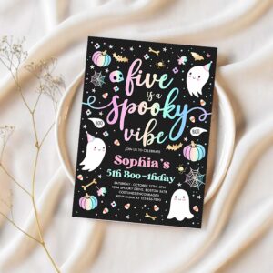 Editable five is a spooky vibe halloween ghost 5th birthday party invitation cute ghost 5th birthday spooktacular party instant download dq 1