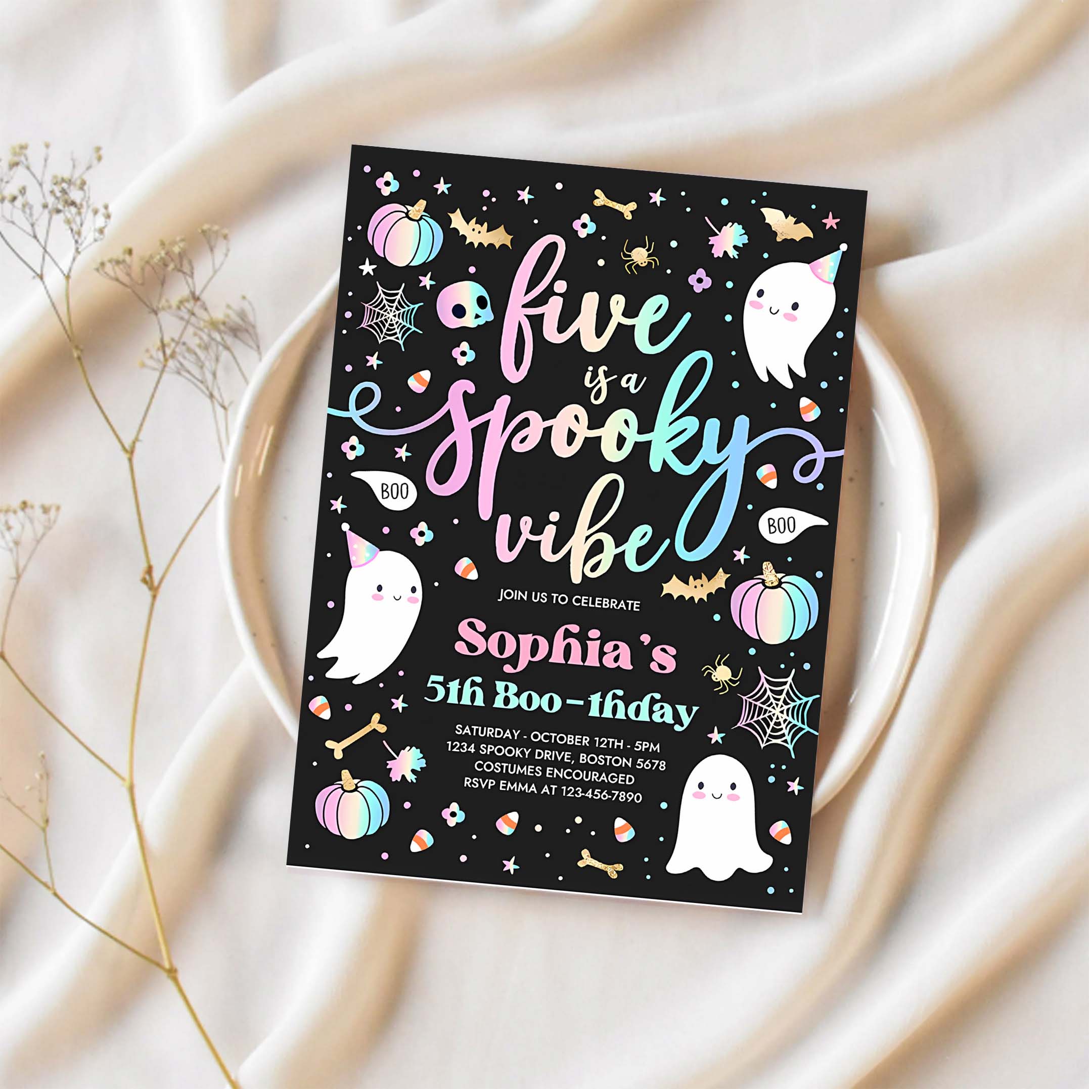 Editable Five Is A Spooky Vibe Halloween Ghost 5th Birthday Party Invitation Cute Ghost 5th Birthday Spooktacular Party Instant Download DQ