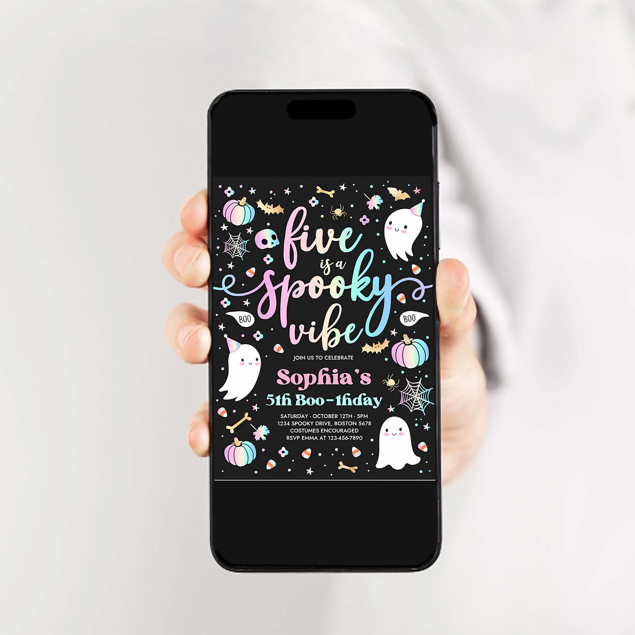 Editable Five Is A Spooky Vibe Halloween Ghost 5th Birthday Party Invitation Cute Ghost 5th Birthday Spooktacular Party Instant Download DQ