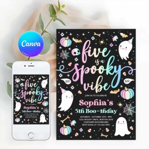 Five Is A Spooky Invitation, Five Is A Spooky Vibe Halloween Ghost 5th Birthday Party Invitation Cute Ghost 5th Birthday Spooktacular Party