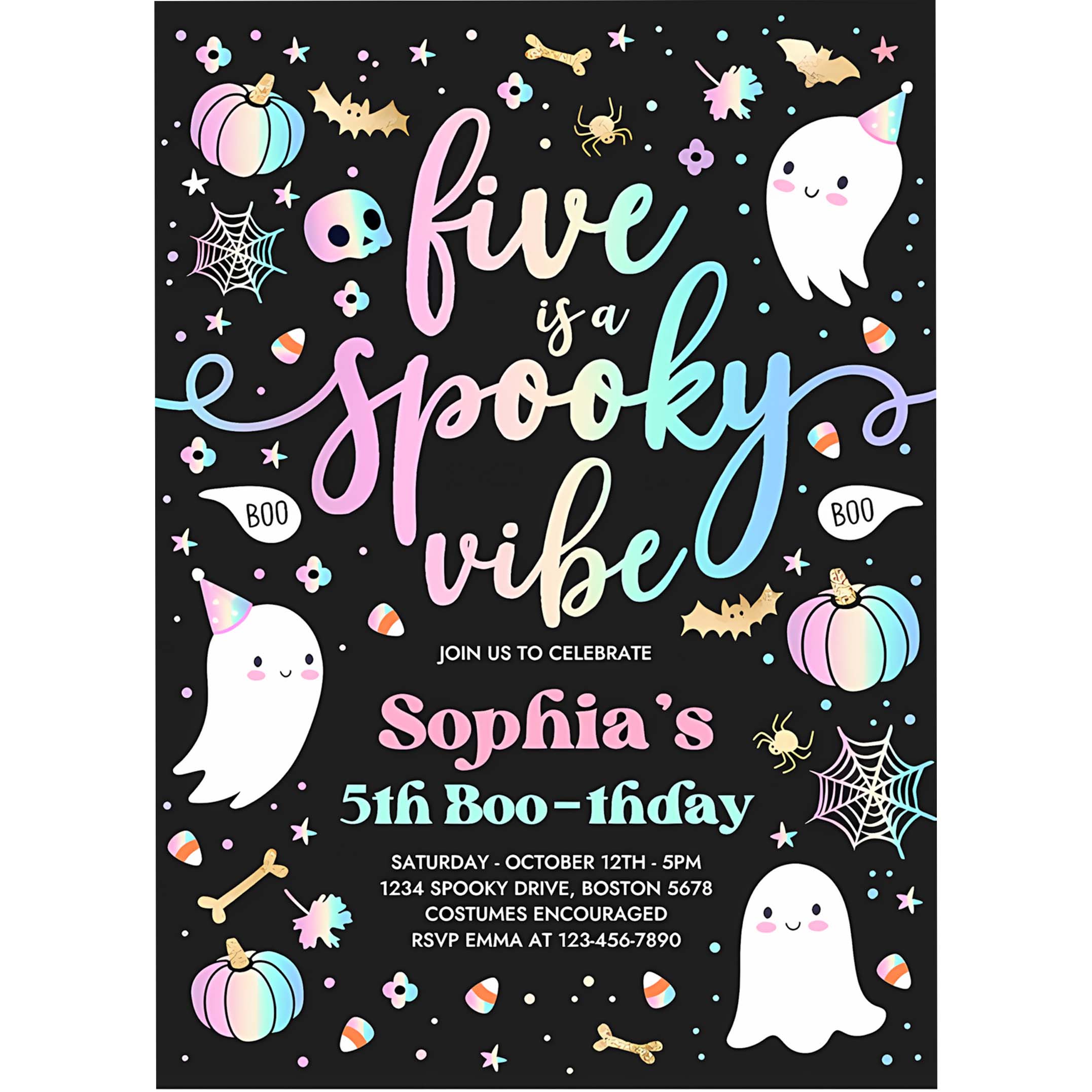 Editable Five Is A Spooky Vibe Halloween Ghost 5th Birthday Party Invitation Cute Ghost 5th Birthday Spooktacular Party Instant Download DQ