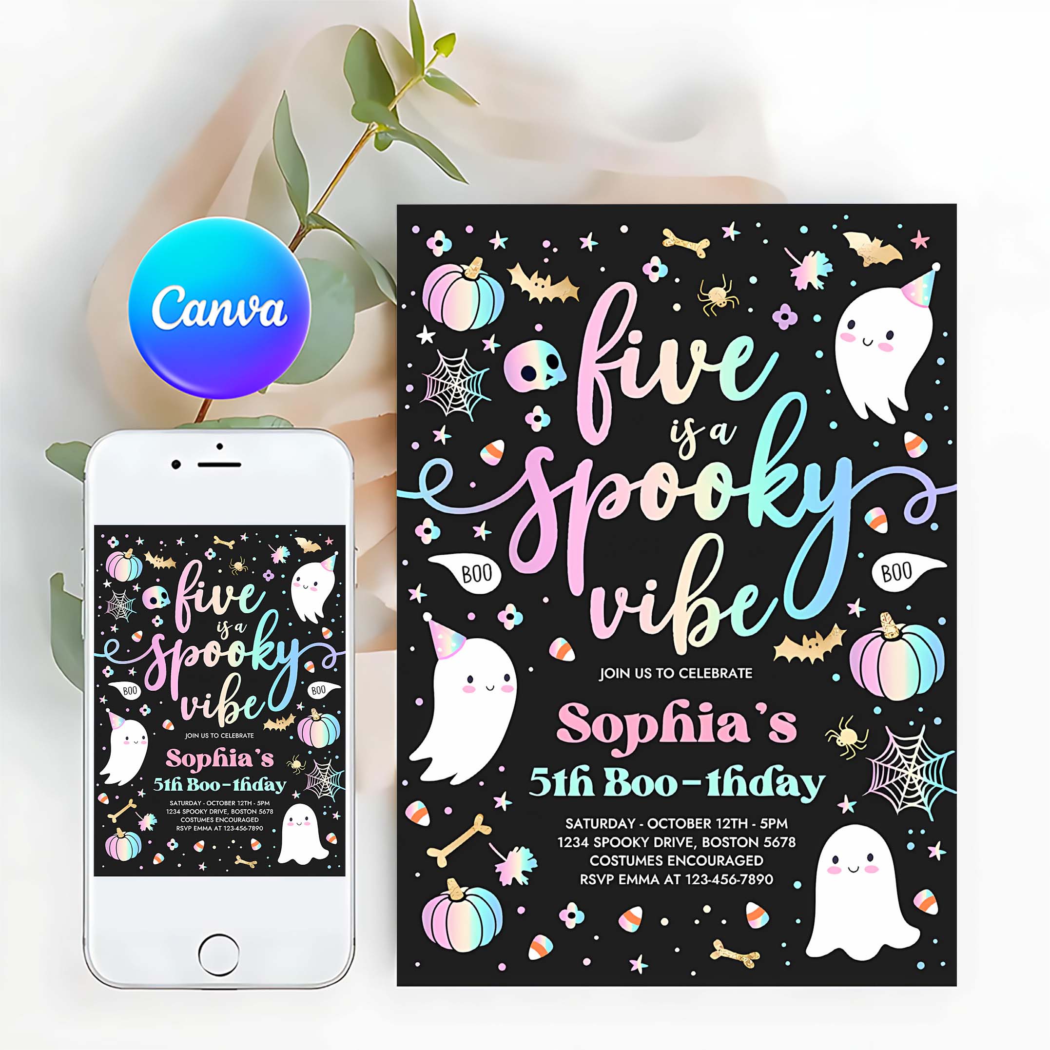 Editable Five Is A Spooky Vibe Halloween Ghost 5th Birthday Party Invitation Cute Ghost 5th Birthday Spooktacular Party Instant Download DQ