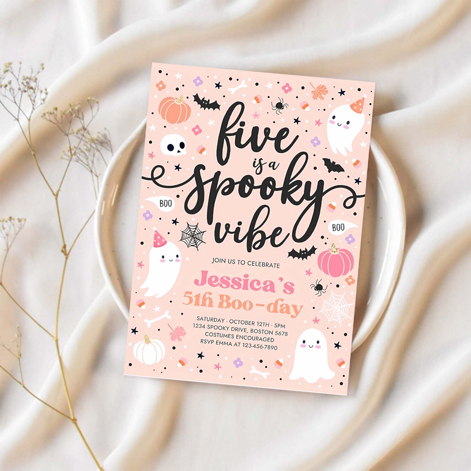 Editable five is a spooky vibe halloween ghost 5th birthday party invitation cute ghost 5th birthday spooktacular party instant download ds 1