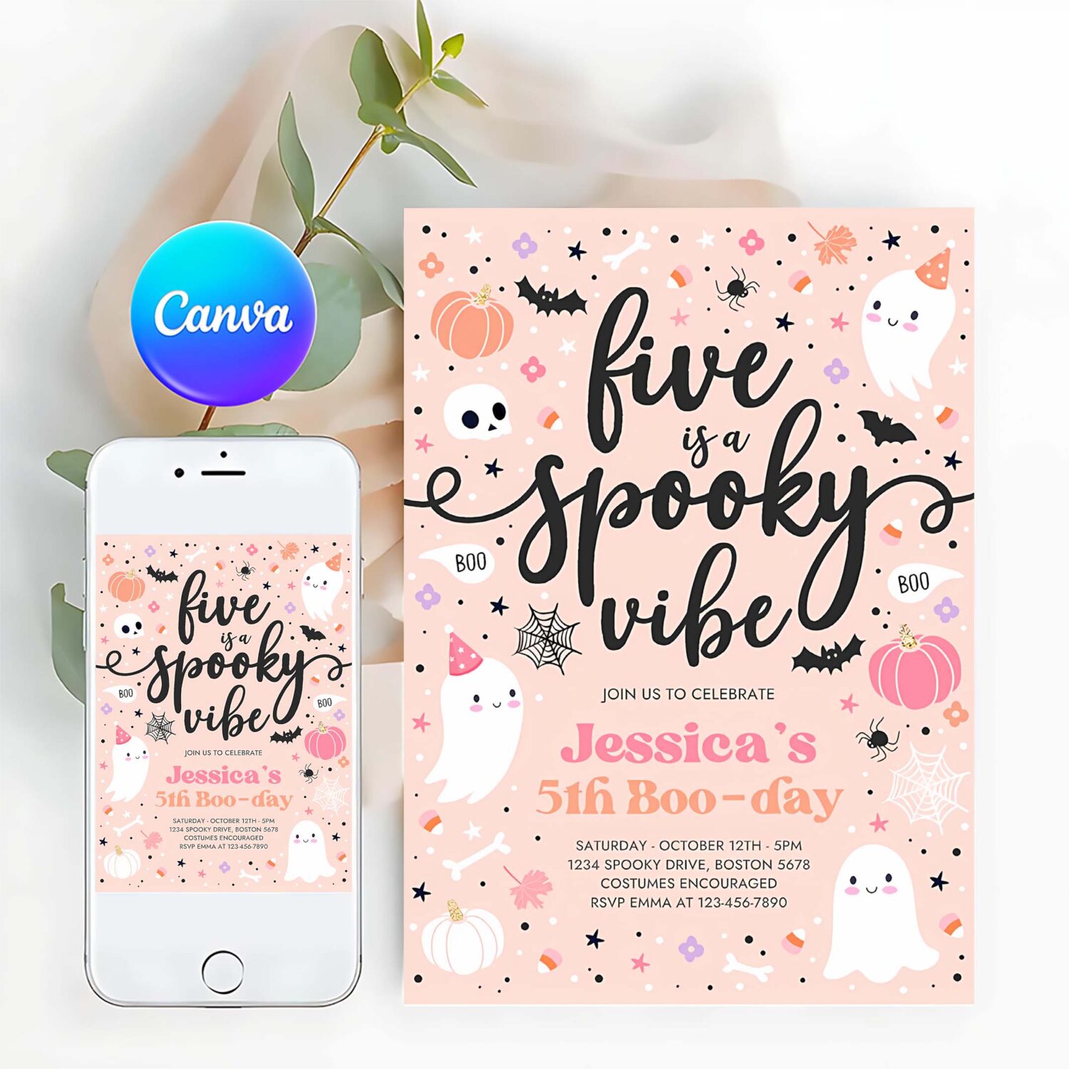 Editable five is a spooky vibe halloween ghost 5th birthday party invitation cute ghost 5th birthday spooktacular party instant download ds