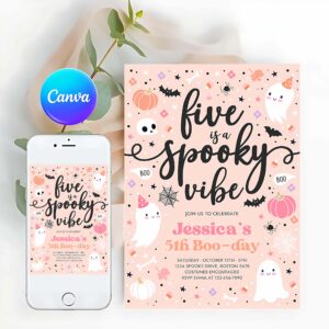 Five Is A Spooky Invitation, Five Is A Spooky Vibe Halloween Ghost 5th Birthday Party Invitation Cute Ghost 5th Birthday Spooktacular Party