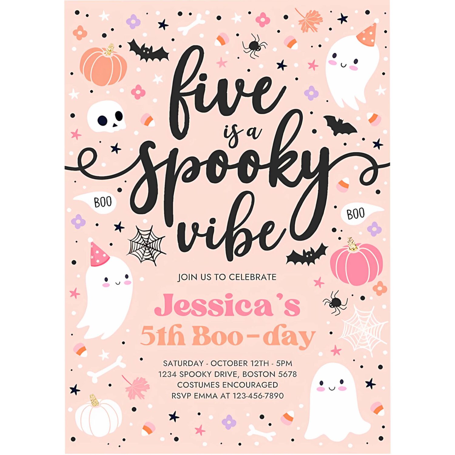 Editable five is a spooky vibe halloween ghost 5th birthday party invitation cute ghost 5th birthday spooktacular party instant download ds 4