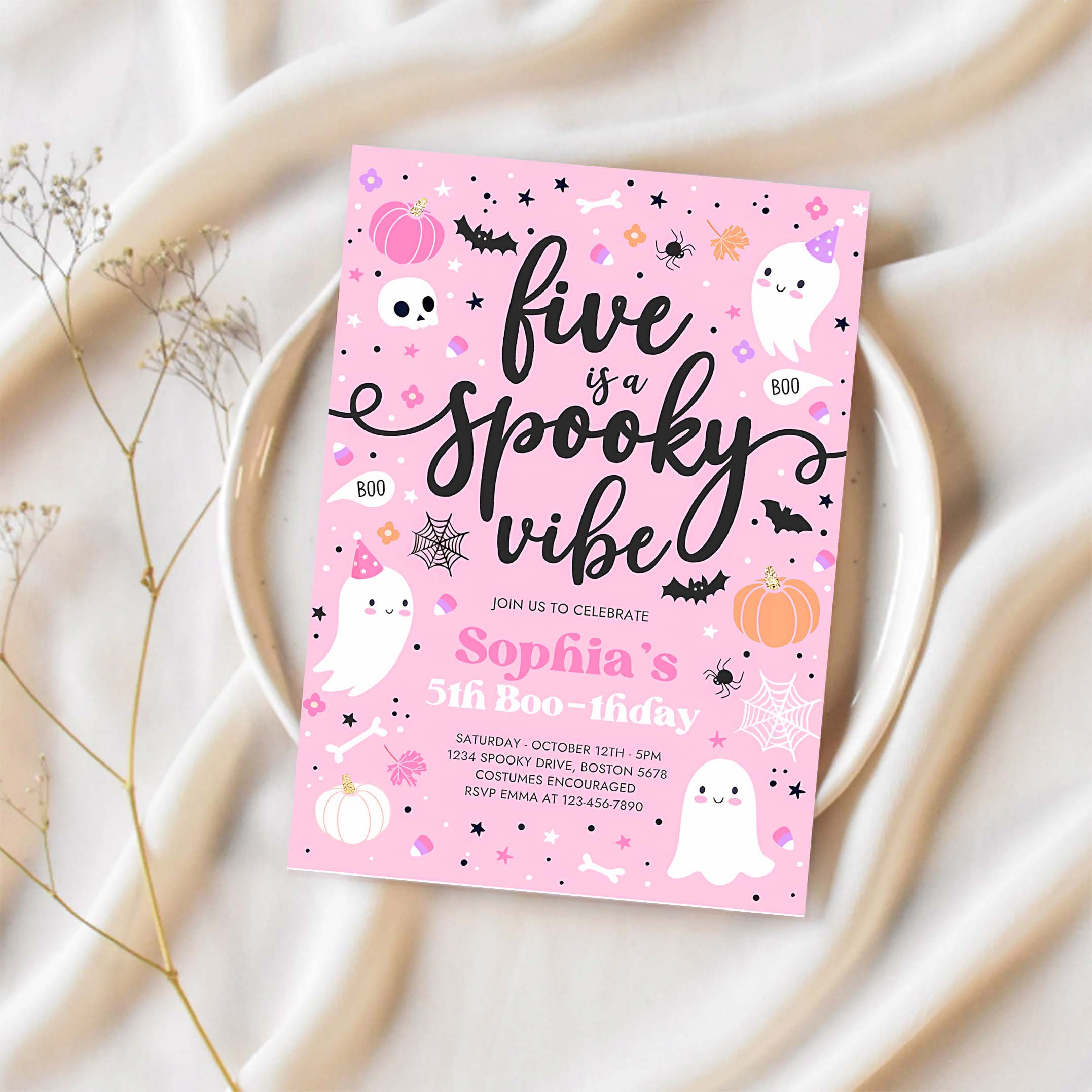 Editable Five Is A Spooky Vibe Halloween Ghost 5th Birthday Party Invitation Cute Ghost 5th Birthday Spooktacular Party Instant Download F4