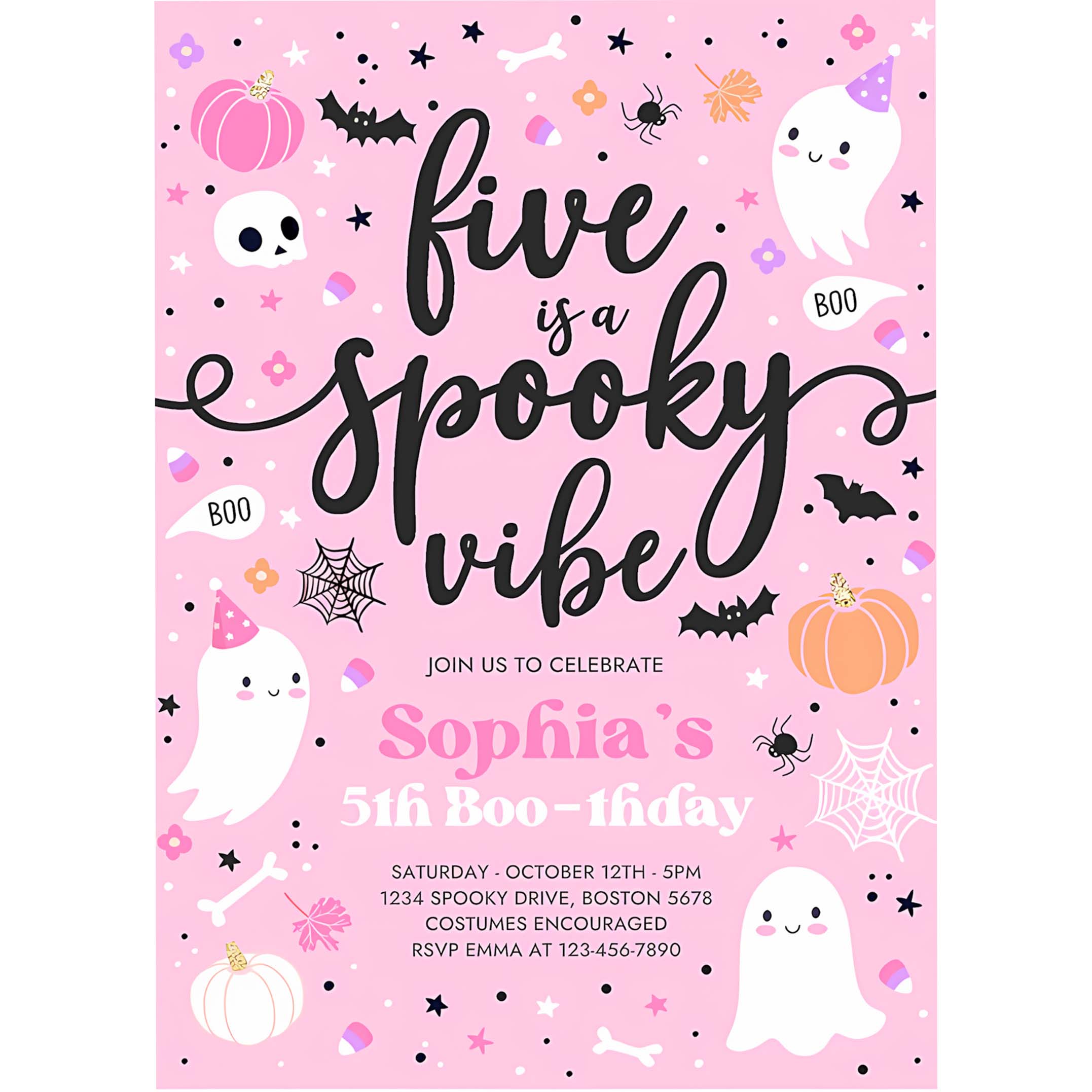 Editable Five Is A Spooky Vibe Halloween Ghost 5th Birthday Party Invitation Cute Ghost 5th Birthday Spooktacular Party Instant Download F4