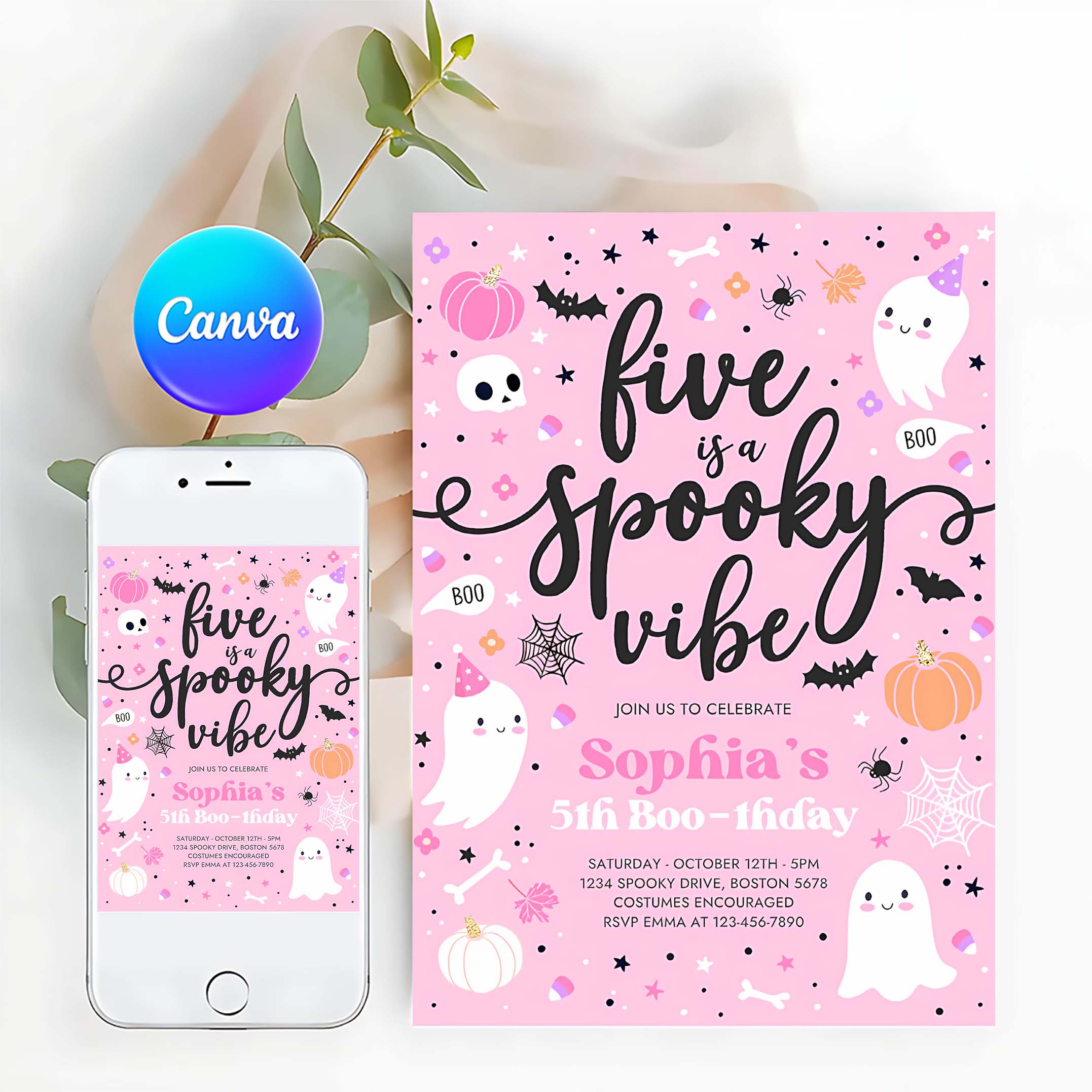 Editable Five Is A Spooky Vibe Halloween Ghost 5th Birthday Party Invitation Cute Ghost 5th Birthday Spooktacular Party Instant Download F4