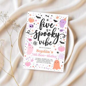 Editable five is a spooky vibe halloween ghost 5th birthday party invitation cute ghost 5th birthday spooktacular party instant download f6 1
