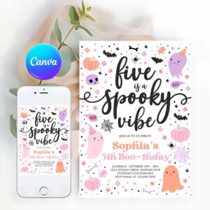 Five Is A Spooky Invitation, Five Is A Spooky Vibe Halloween Ghost 5th Birthday Party Invitation Cute Ghost 5th Birthday Spooktacular Party