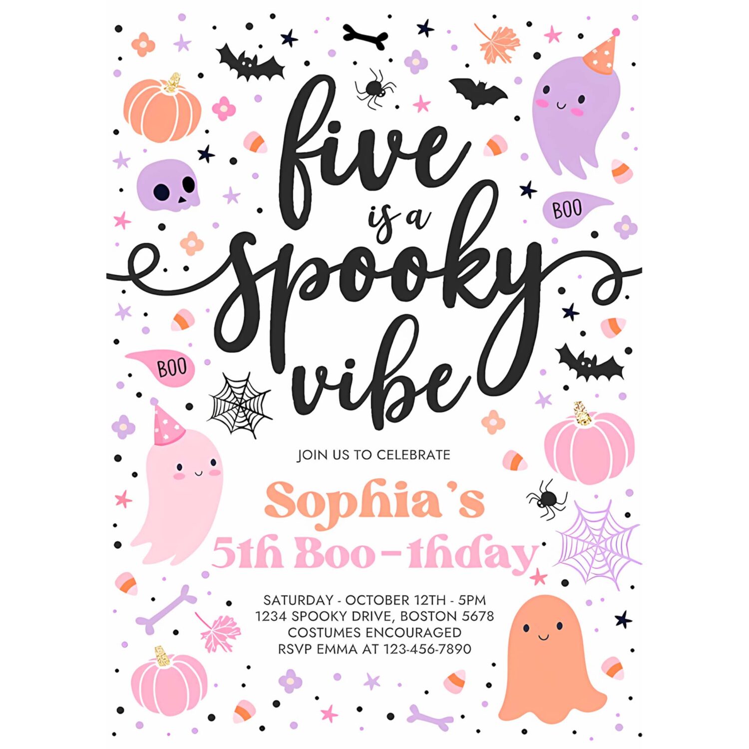 Editable five is a spooky vibe halloween ghost 5th birthday party invitation cute ghost 5th birthday spooktacular party instant download f6 4