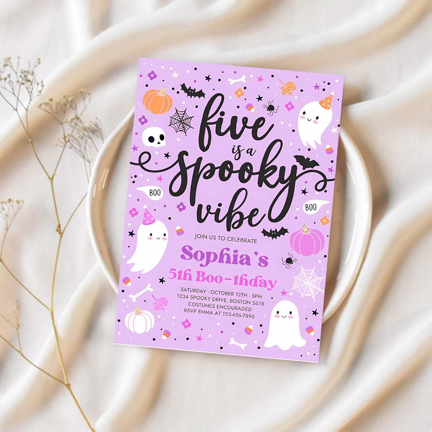 Editable five is a spooky vibe halloween ghost 5th birthday party invitation cute ghost 5th birthday spooktacular party instant download l1 1