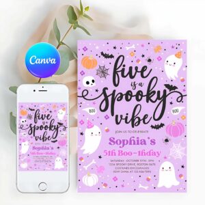 Five Is A Spooky Invitation, Five Is A Spooky Vibe Halloween Ghost 5th Birthday Party Invitation Cute Ghost 5th Birthday Spooktacular Party