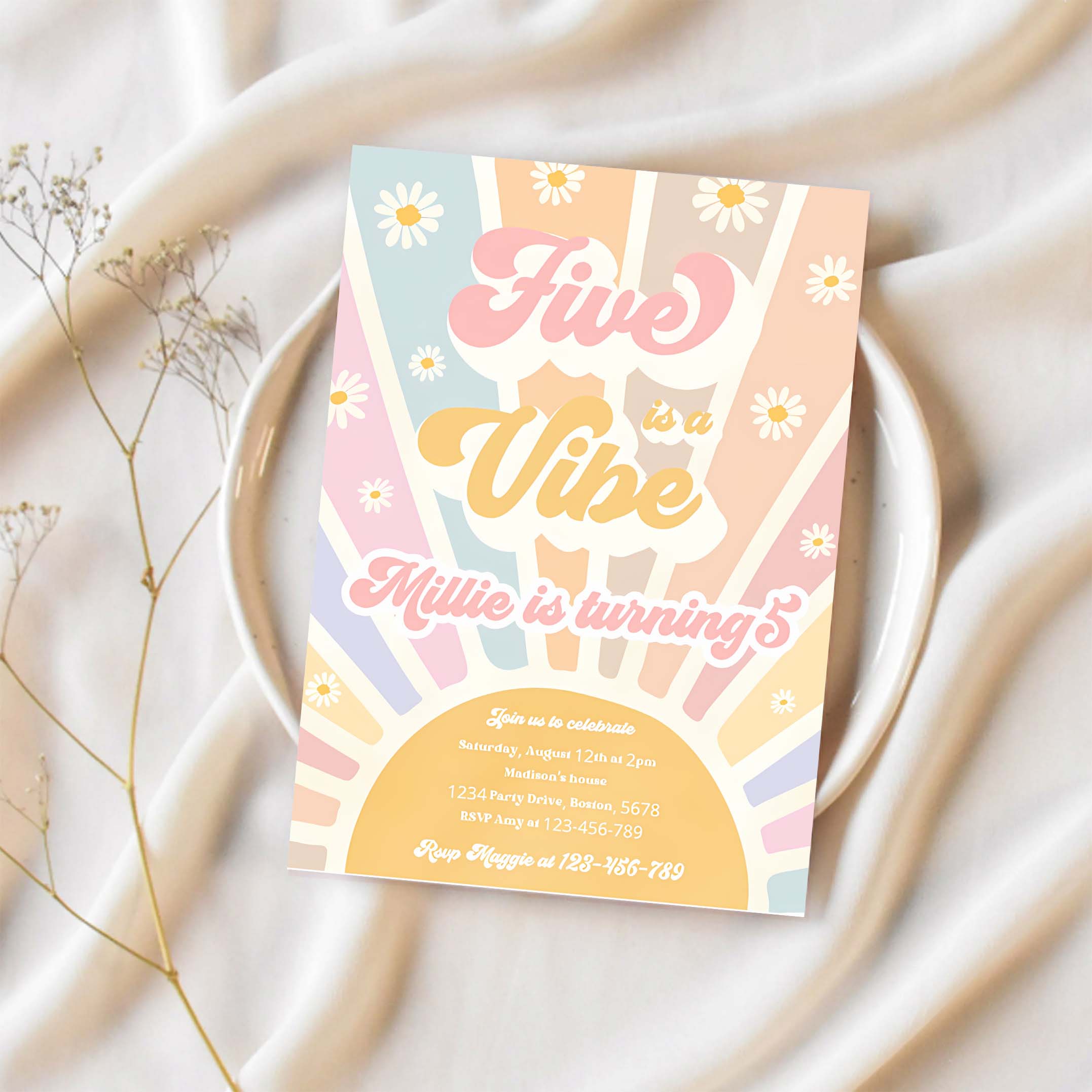 Editable Five Is A Vibe Birthday Invitation Retro Daisy Sunshine 5th Birthday Daisy Hippie Rainbow Sunshine Birthday