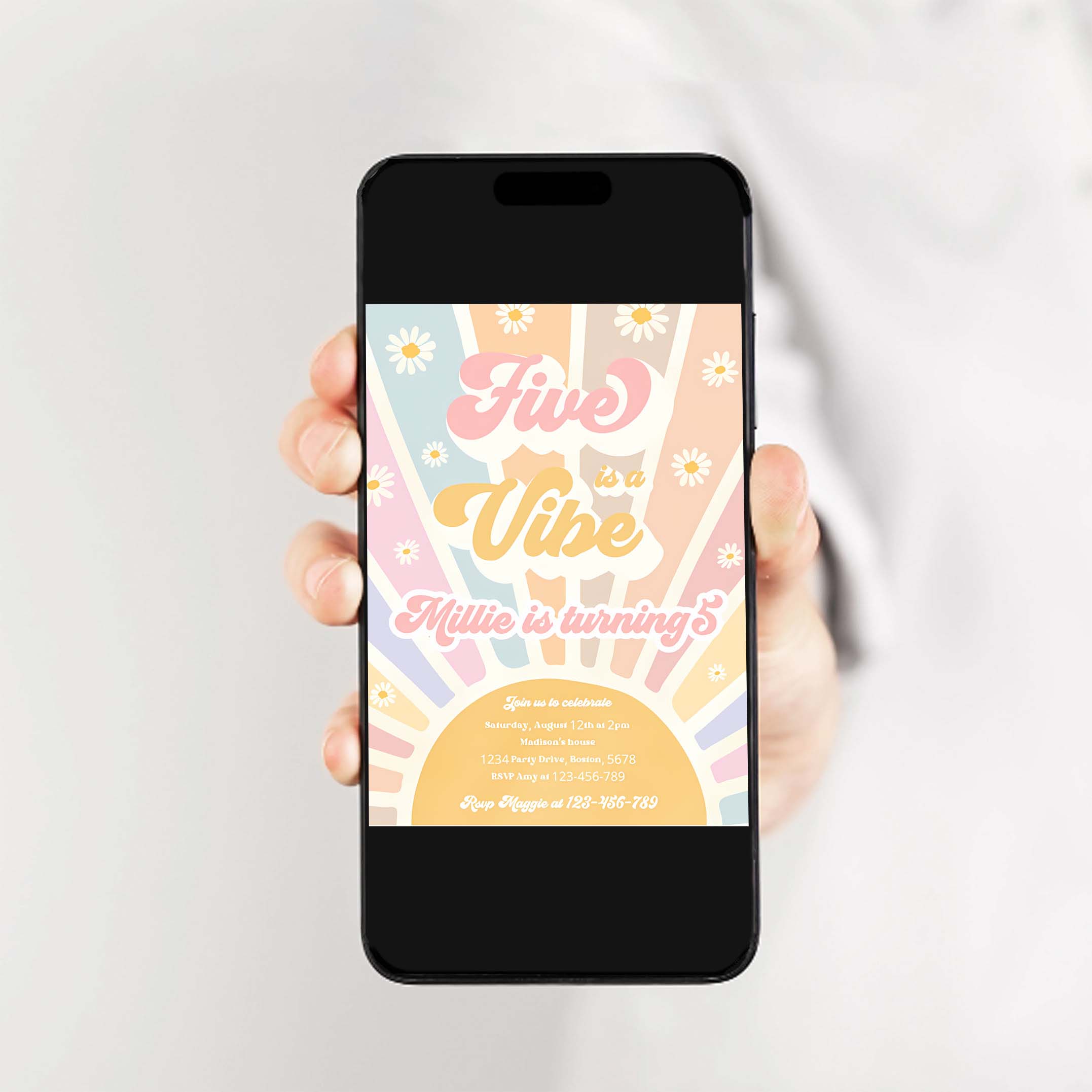 Editable Five Is A Vibe Birthday Invitation Retro Daisy Sunshine 5th Birthday Daisy Hippie Rainbow Sunshine Birthday