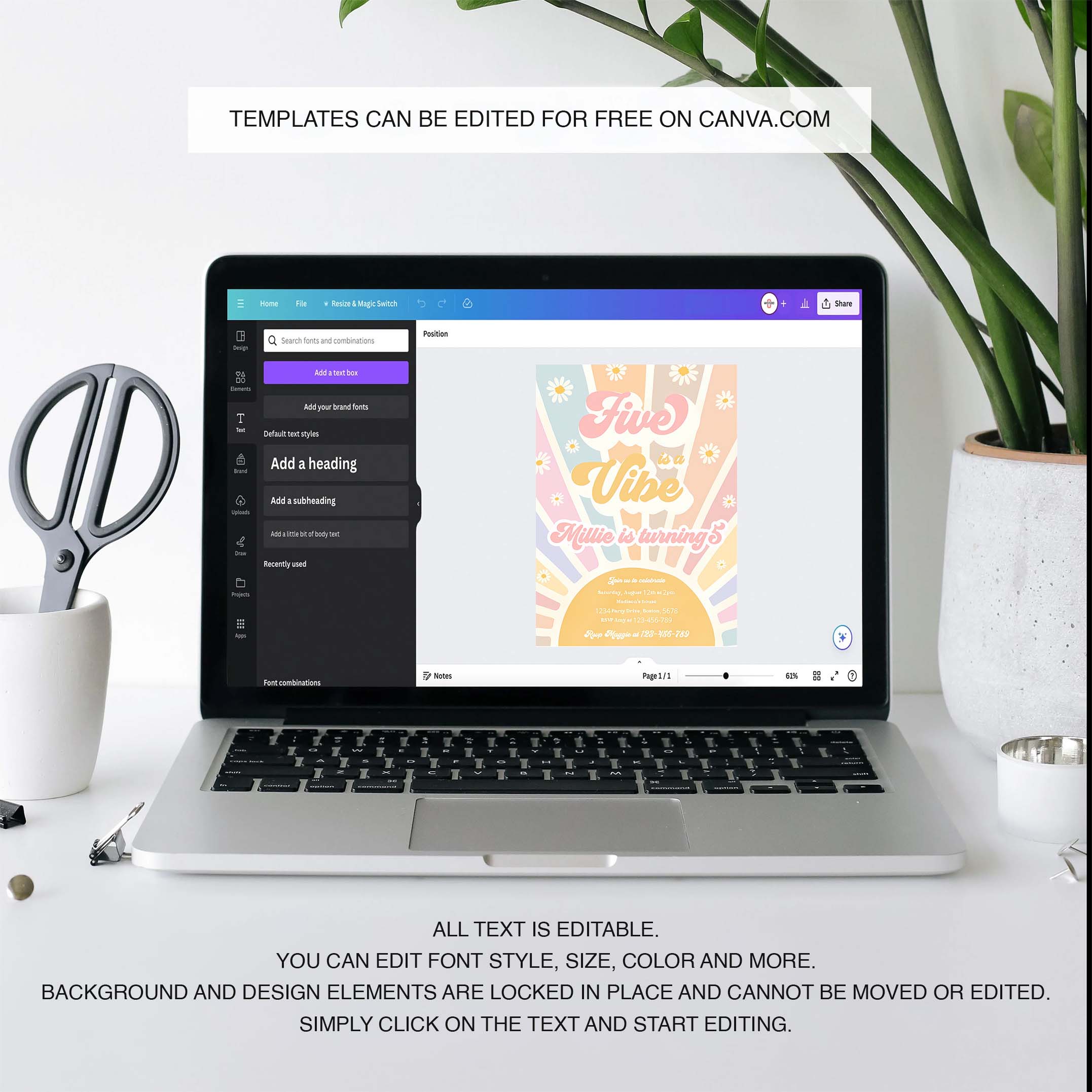 Editable Five Is A Vibe Birthday Invitation Retro Daisy Sunshine 5th Birthday Daisy Hippie Rainbow Sunshine Birthday