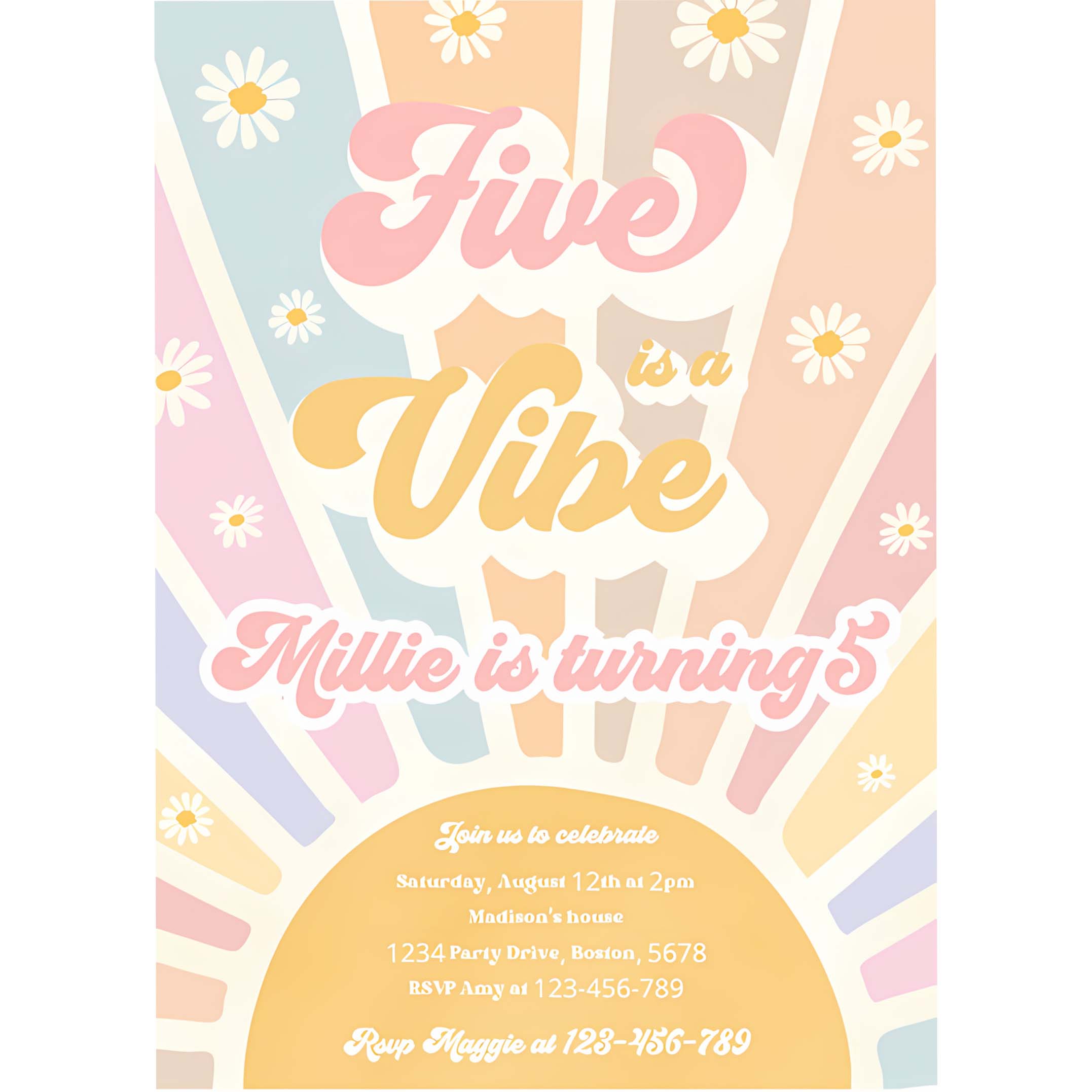 Editable Five Is A Vibe Birthday Invitation Retro Daisy Sunshine 5th Birthday Daisy Hippie Rainbow Sunshine Birthday