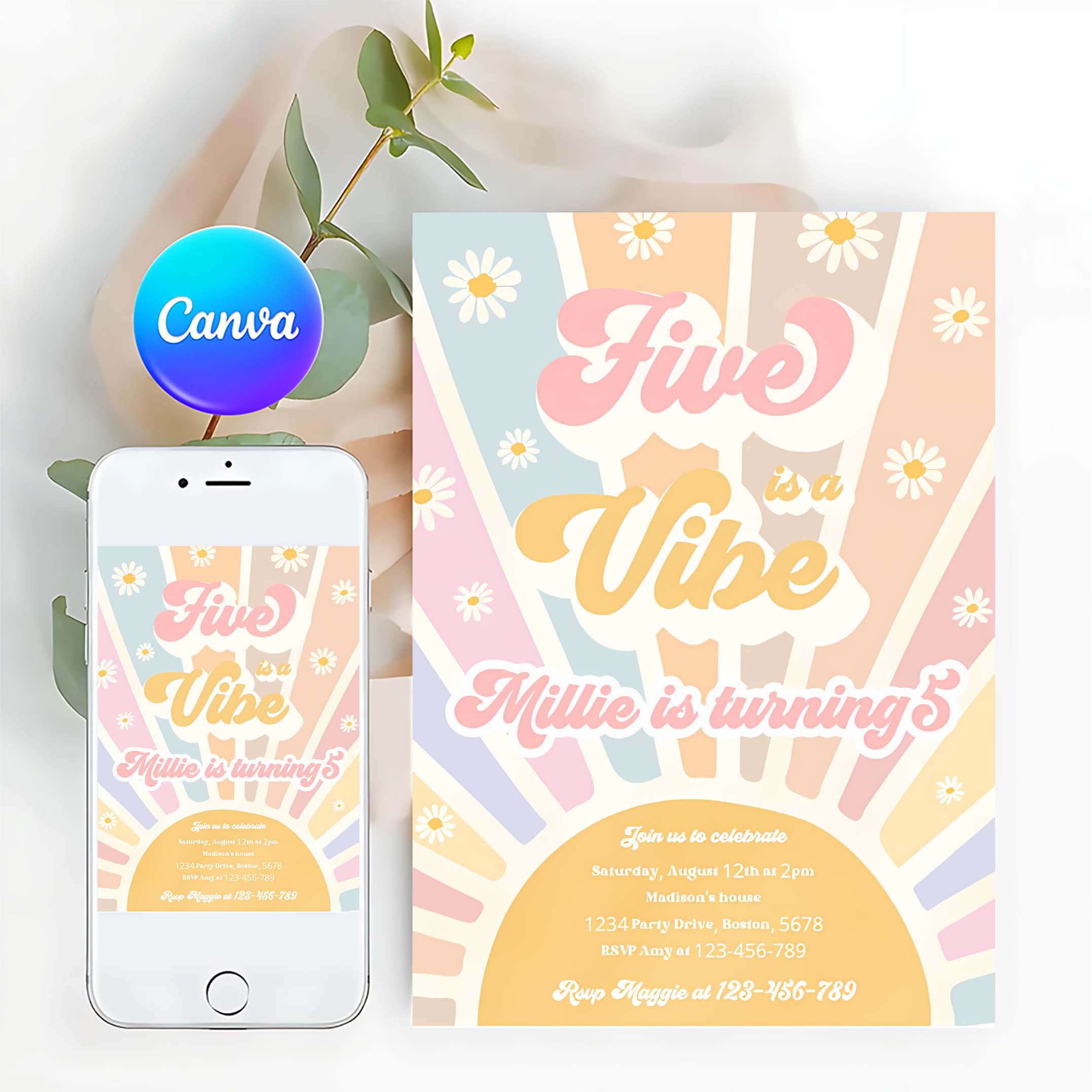 Editable Five Is A Vibe Birthday Invitation Retro Daisy Sunshine 5th Birthday Daisy Hippie Rainbow Sunshine Birthday