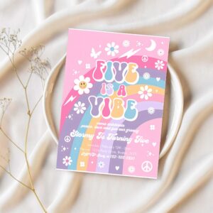 Editable five is a vibe groovy 5th birthday party invitation pink purple blue groovy rainbow hippie 70s 5th birthday 1