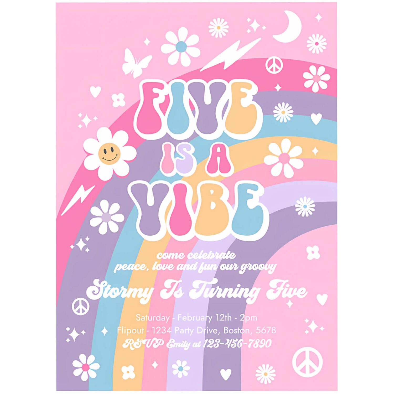 Editable five is a vibe groovy 5th birthday party invitation pink purple blue groovy rainbow hippie 70s 5th birthday 4