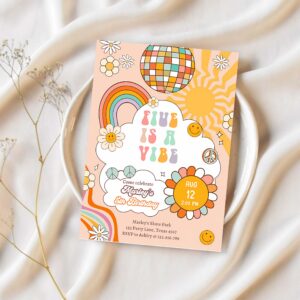 Editable five is a vibe groovy birthday invitation 5th birthday four invite rainbow peace love party download template corjl digital 0459 1
