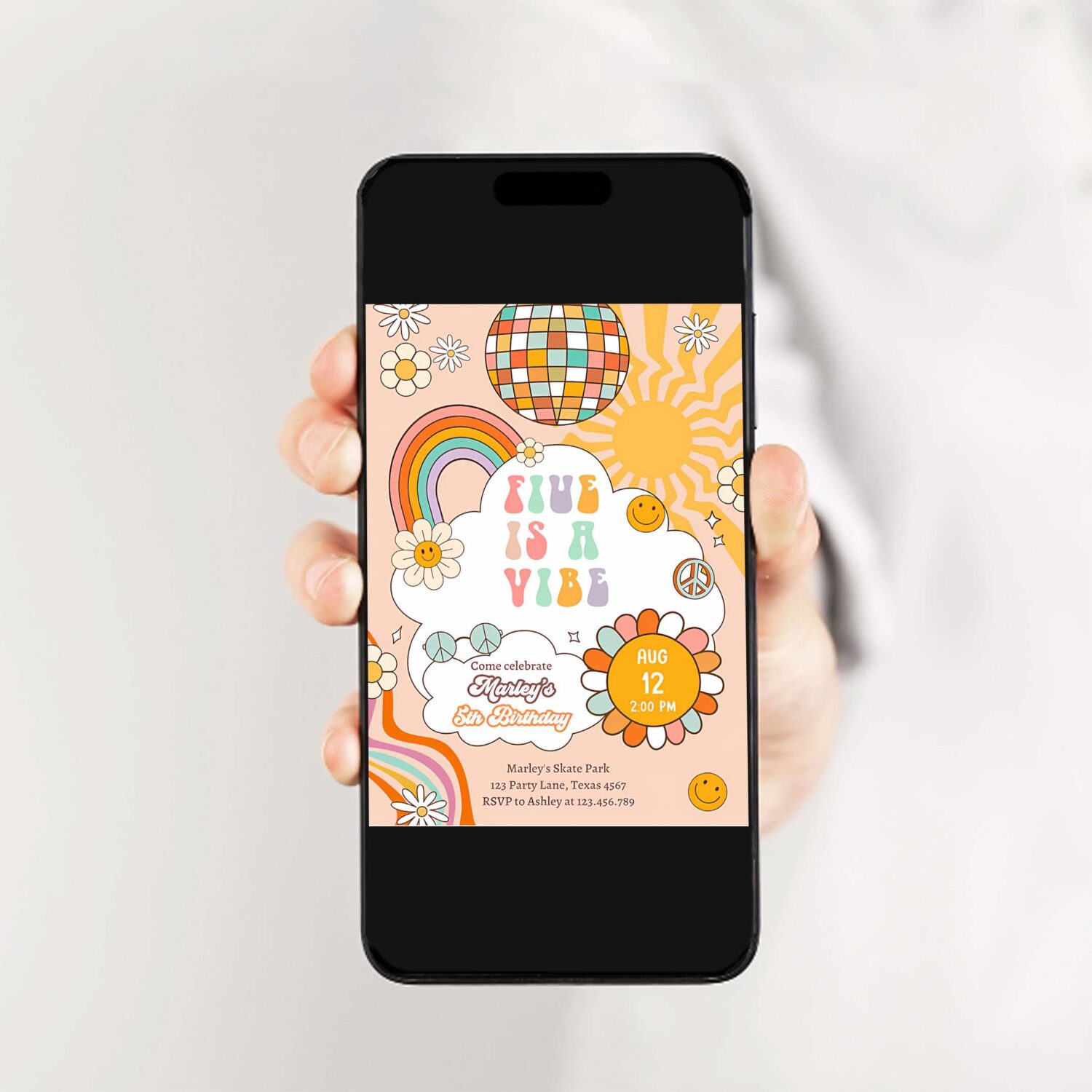 Editable five is a vibe groovy birthday invitation 5th birthday four invite rainbow peace love party download template corjl digital 0459 2