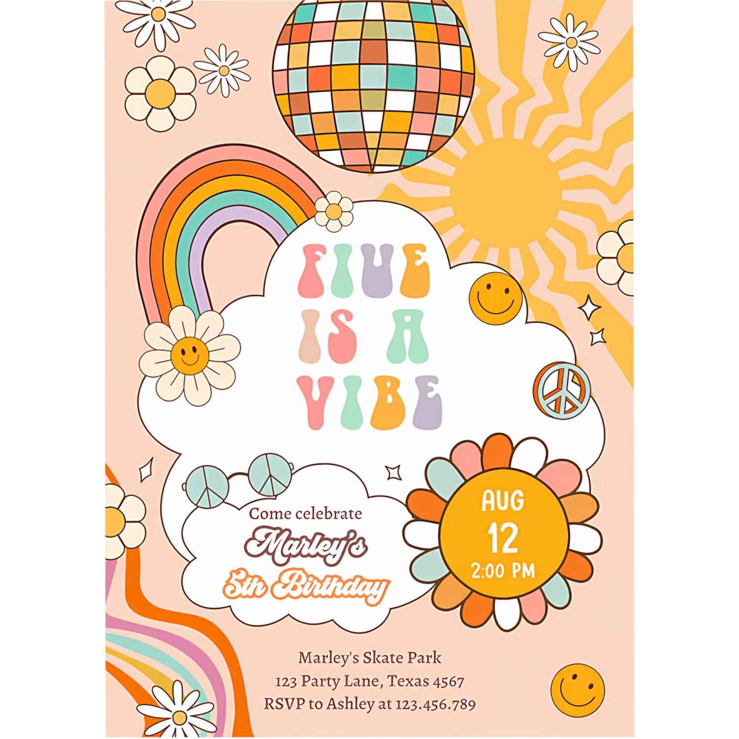 Editable five is a vibe groovy birthday invitation 5th birthday four invite rainbow peace love party download template corjl digital 0459 4