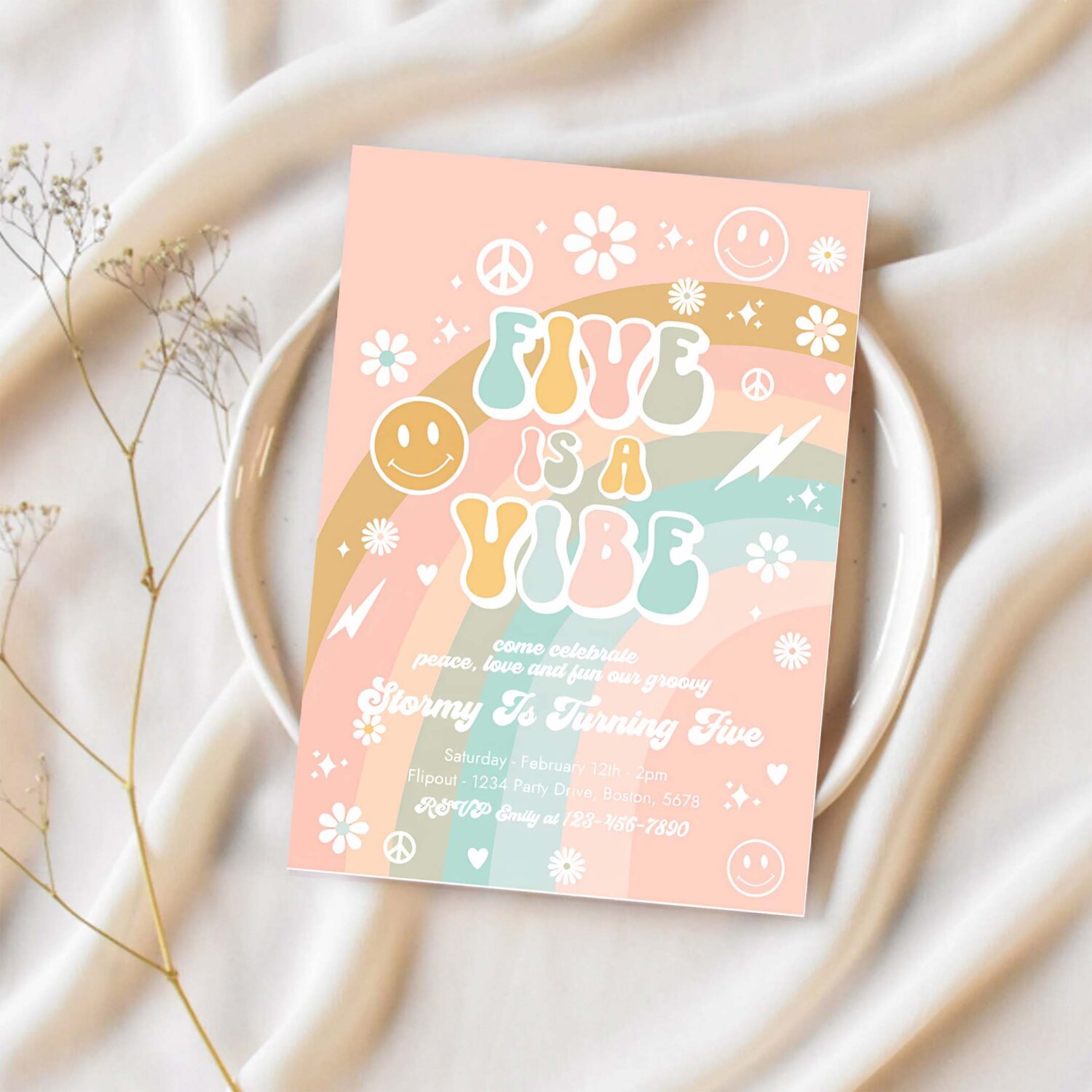 Editable five is a vibe groovy birthday party invitation peace love party rainbow party hippie groovy 70s 5th birthday 1