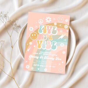 Editable five is a vibe groovy birthday party invitation peace love party rainbow party hippie groovy 70s 5th birthday 1
