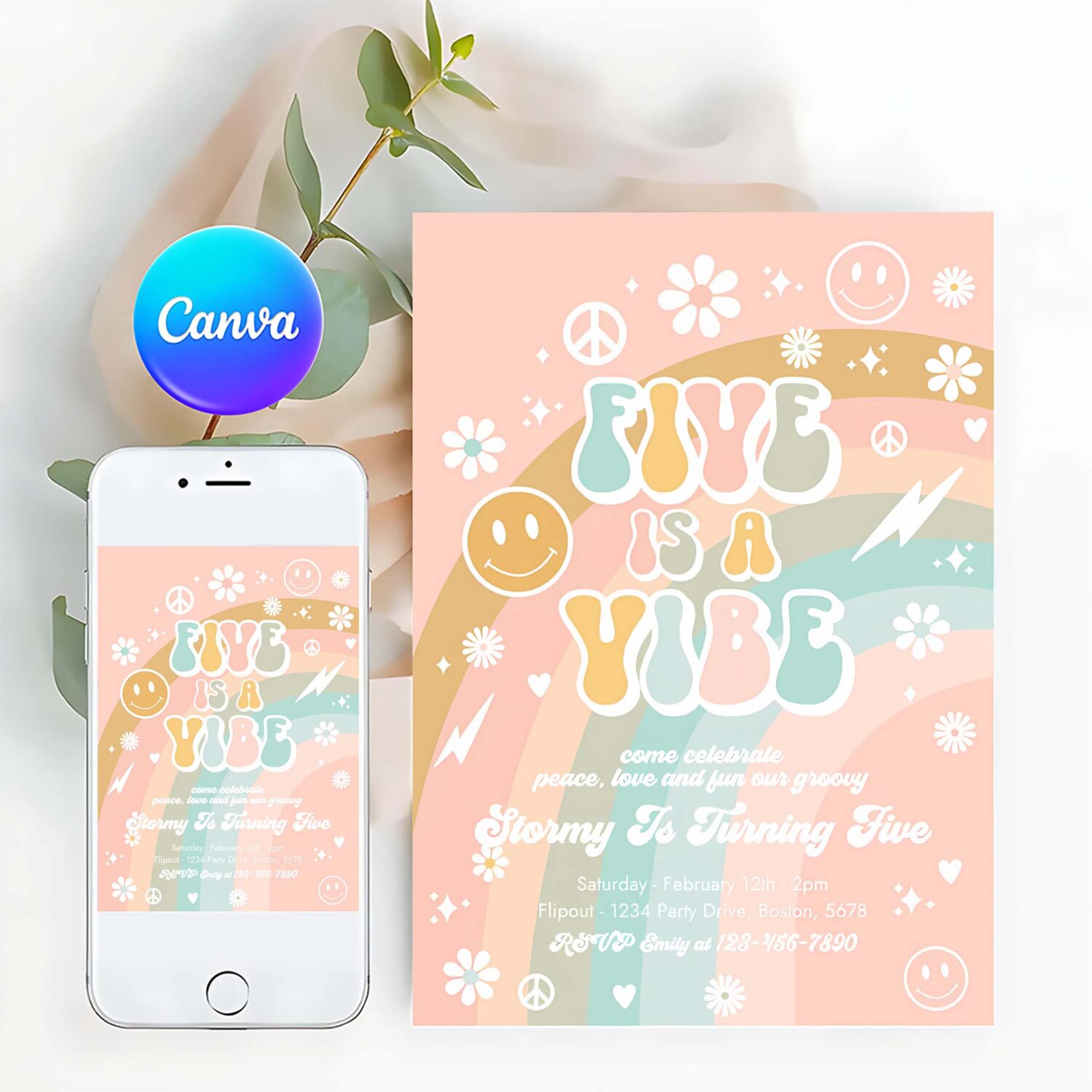 Editable five is a vibe groovy birthday party invitation peace love party rainbow party hippie groovy 70s 5th birthday