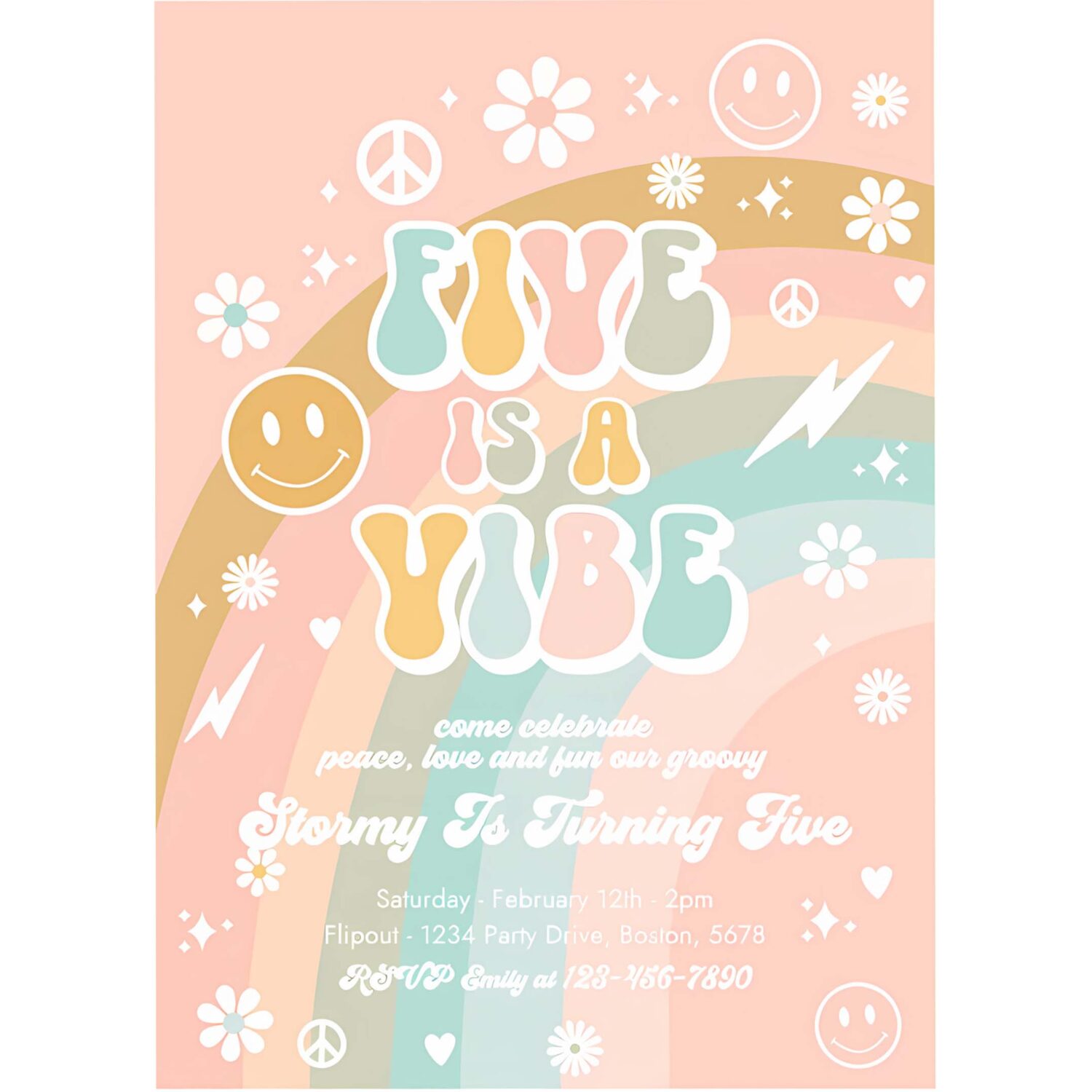 Editable five is a vibe groovy birthday party invitation peace love party rainbow party hippie groovy 70s 5th birthday 4