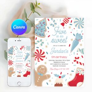 Cookie Party Invitation, Five Is So Sweet Christmas Cookie 5th Birthday Party Invitation Holiday Cookie Gingerbread 3rd Birthday Party