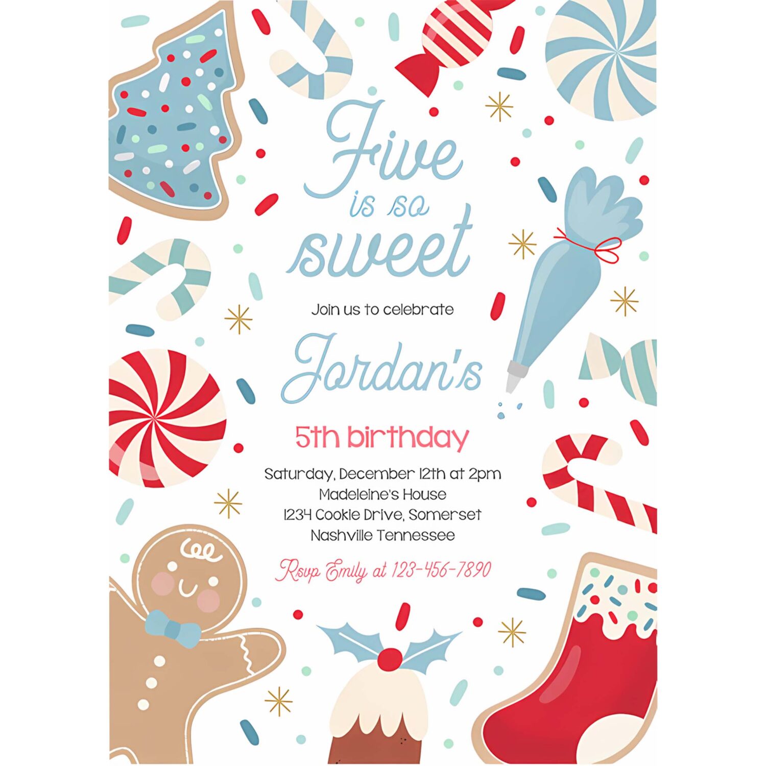 Editable five is so sweet christmas cookie 5th birthday party invitation holiday cookie gingerbread 3rd birthday party instant download swj 4