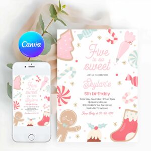 Cookie Party Invitation, Five Is So Sweet Christmas Cookie 5th Birthday Party Invitation Holiday Cookie Gingerbread 5th Birthday Party