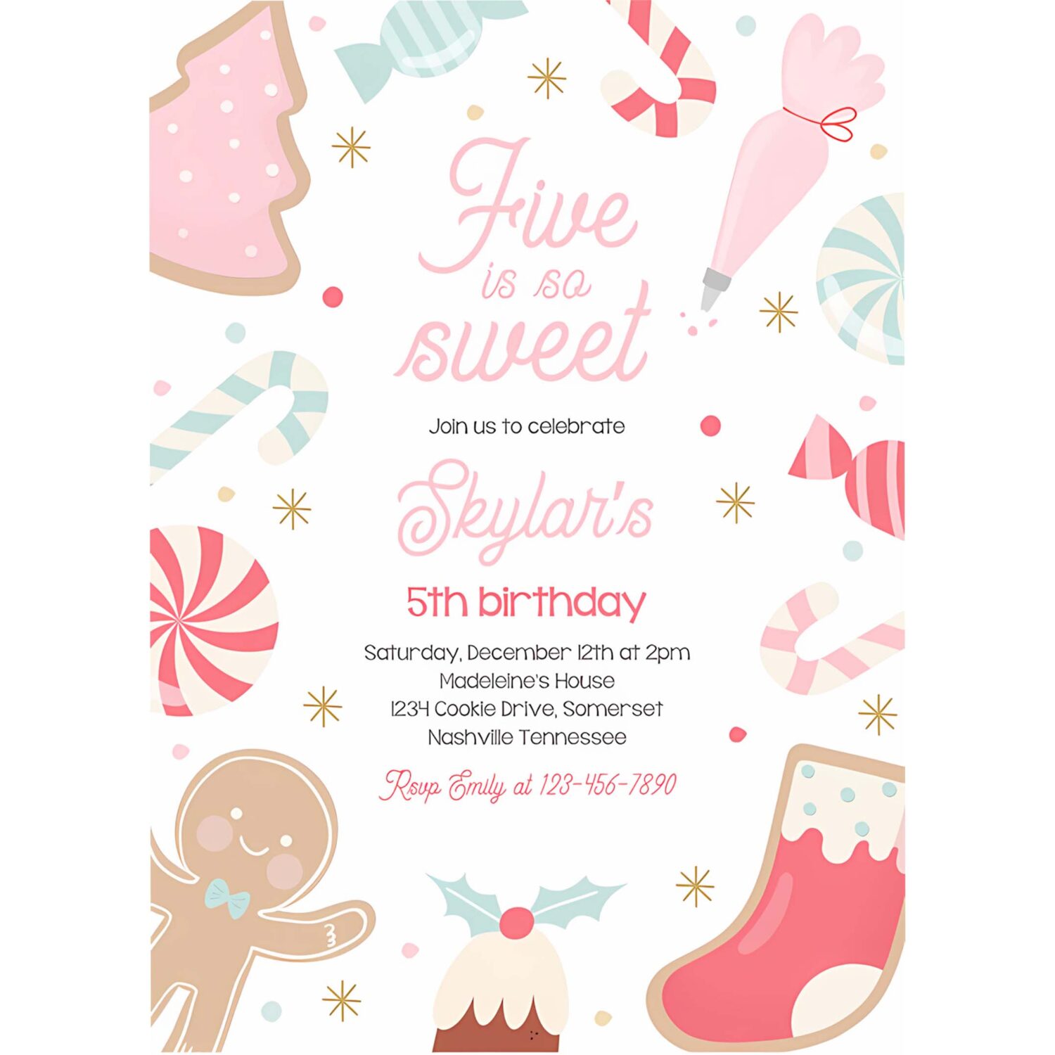 Editable five is so sweet christmas cookie 5th birthday party invitation holiday cookie gingerbread 5th birthday party instant download sw4 4