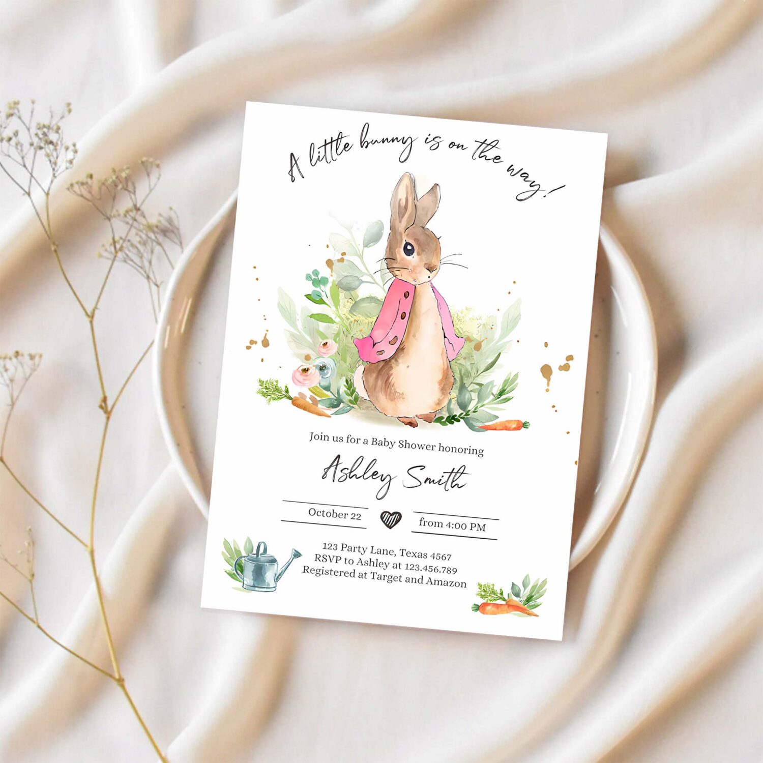 Editable flopsy bunny baby shower invitation girl pink rustic peter rabbit invitation spring sprinkle digital corjl template printable 0351 1