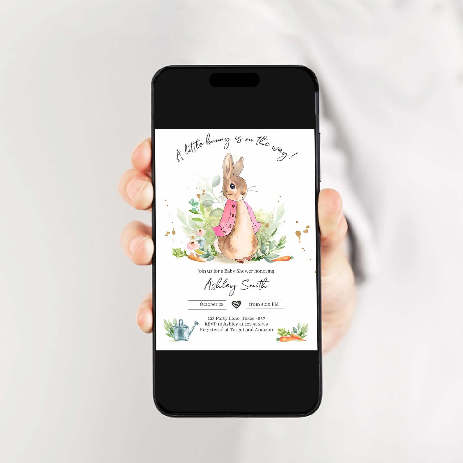 Editable flopsy bunny baby shower invitation girl pink rustic peter rabbit invitation spring sprinkle digital corjl template printable 0351 2