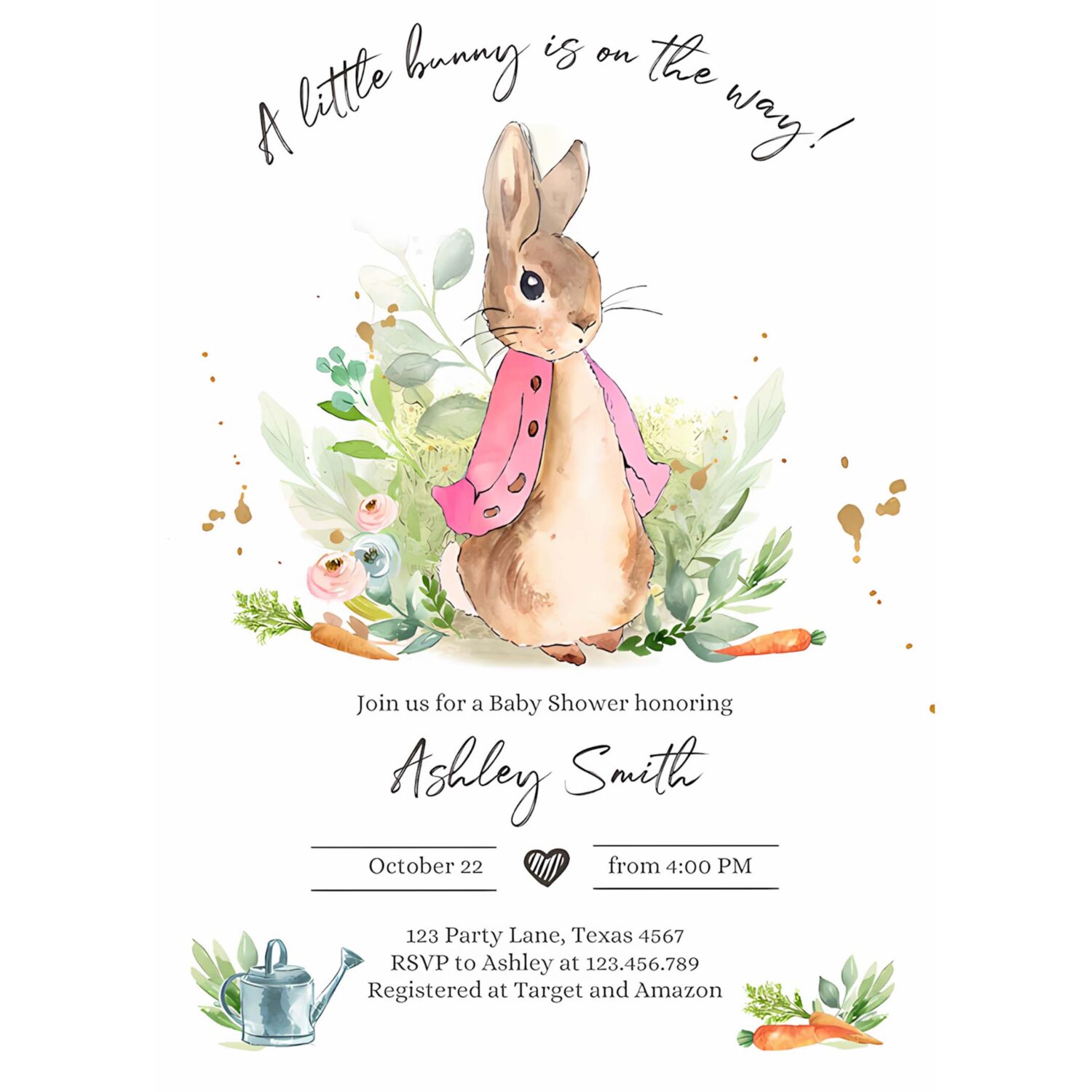 Editable flopsy bunny baby shower invitation girl pink rustic peter rabbit invitation spring sprinkle digital corjl template printable 0351 4