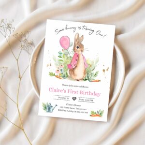 Editable flopsy bunny birthday invitation gril pink rustic peter rabbit 1st birthday invite watercolor digital corjl template printable 0351 1