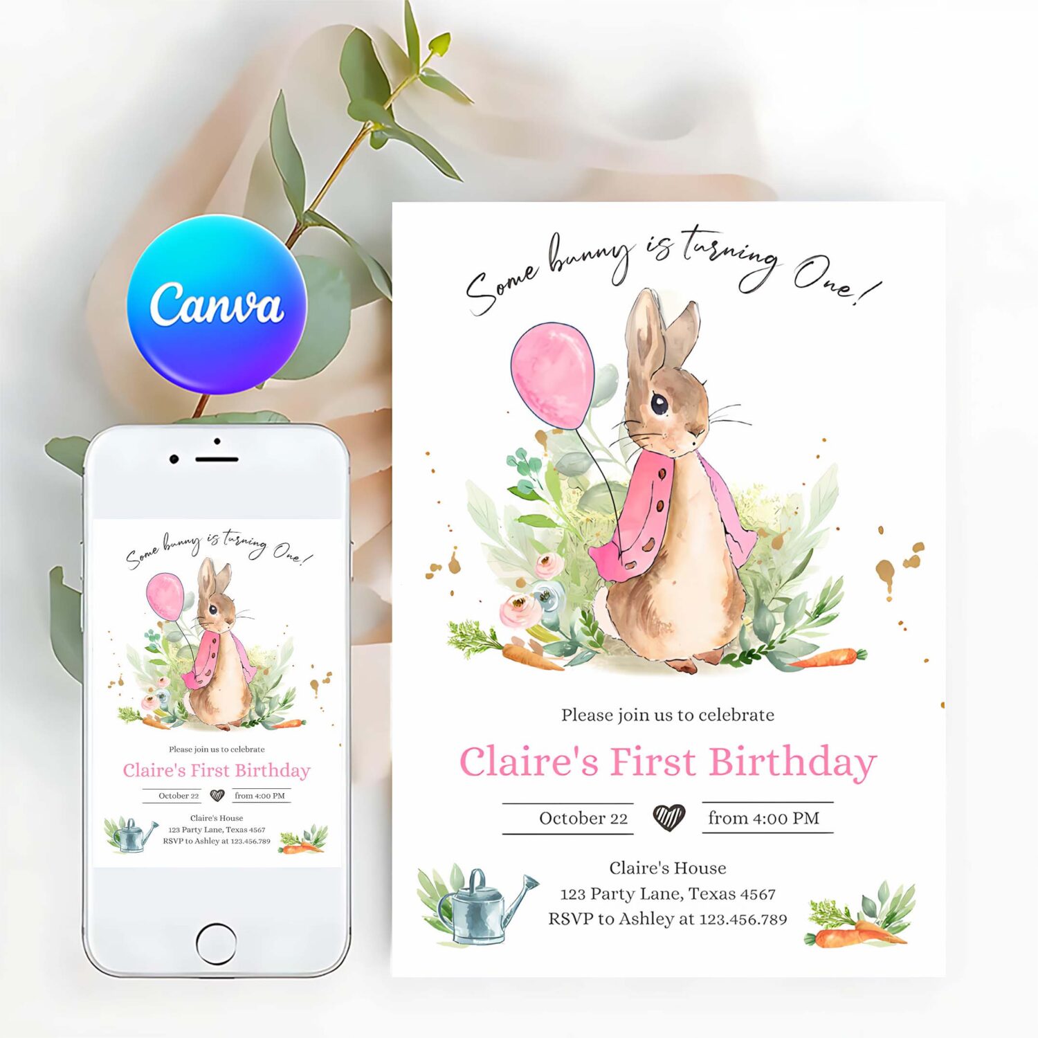 Editable flopsy bunny birthday invitation gril pink rustic peter rabbit 1st birthday invite watercolor digital corjl template printable 0351