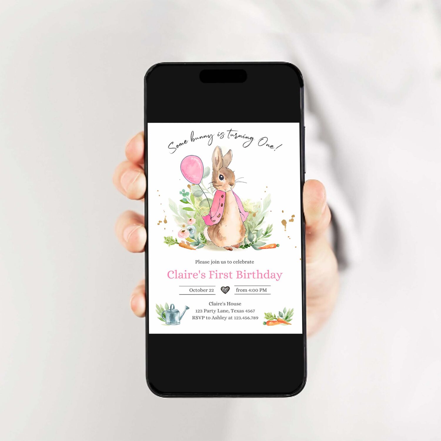 Editable flopsy bunny birthday invitation gril pink rustic peter rabbit 1st birthday invite watercolor digital corjl template printable 0351 2