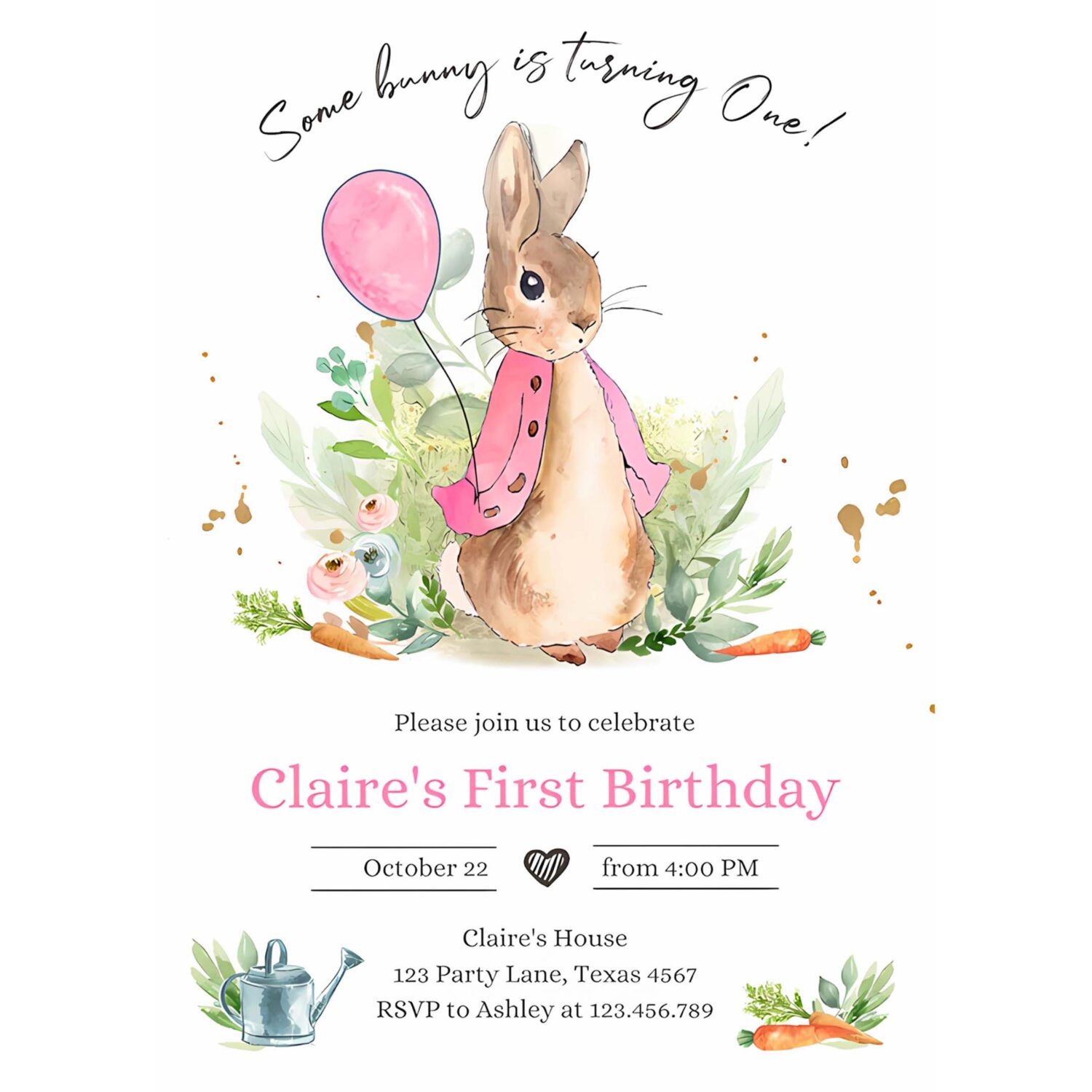 Editable flopsy bunny birthday invitation gril pink rustic peter rabbit 1st birthday invite watercolor digital corjl template printable 0351 4